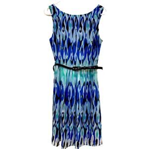 Ronnie Niole Women Sleeveless Blue Watercolor Dress Size 10 Lined Waist Belt
